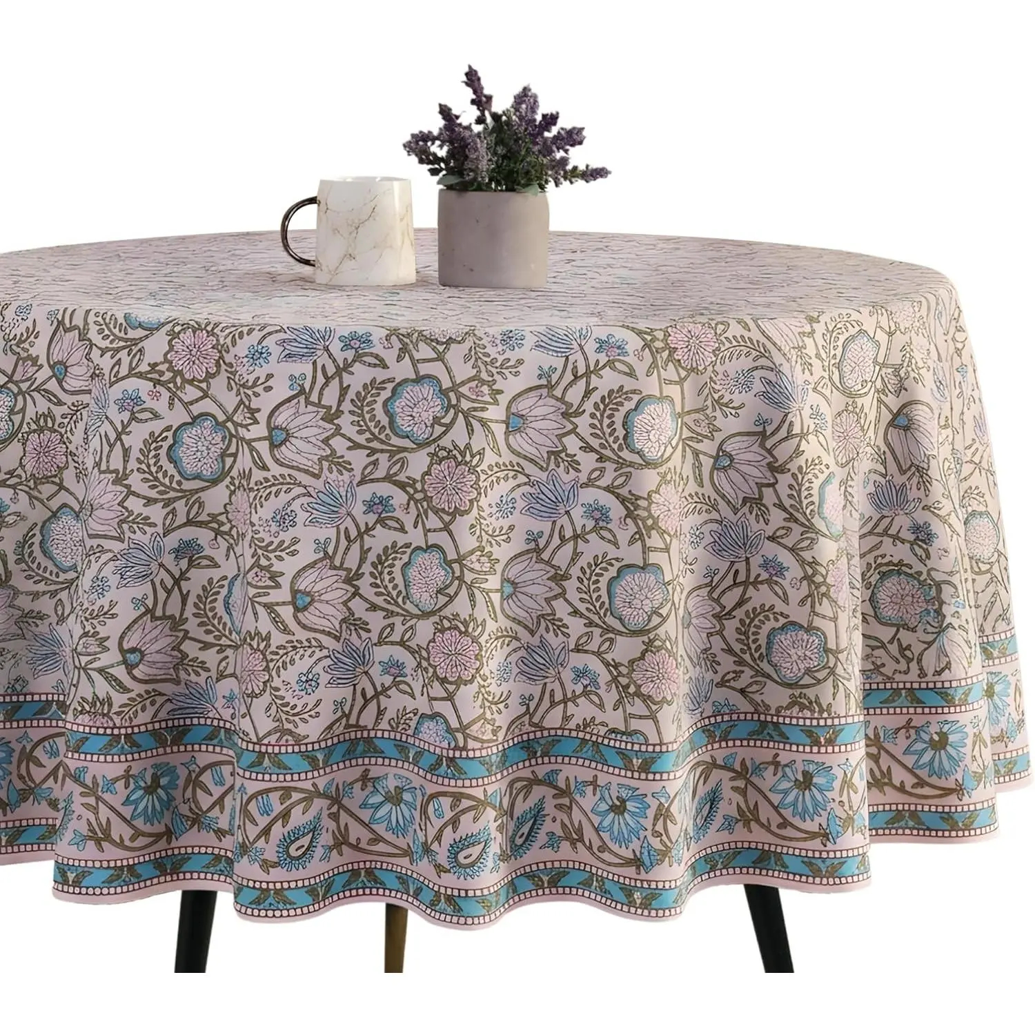 Premium 100% Cotton Round Tablecloth 60 inch, Block Print Table Cover for 4 Seater Table, Vintage Floral Table Cloth for Wedding, Dining, Machine Washable, Vintage Bloom