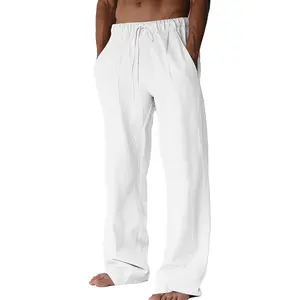 Men's Linen Pants Beach Casual Cotton Summer Lightweight Elastic Waist Drawstring with Deep Pockets(Gift)