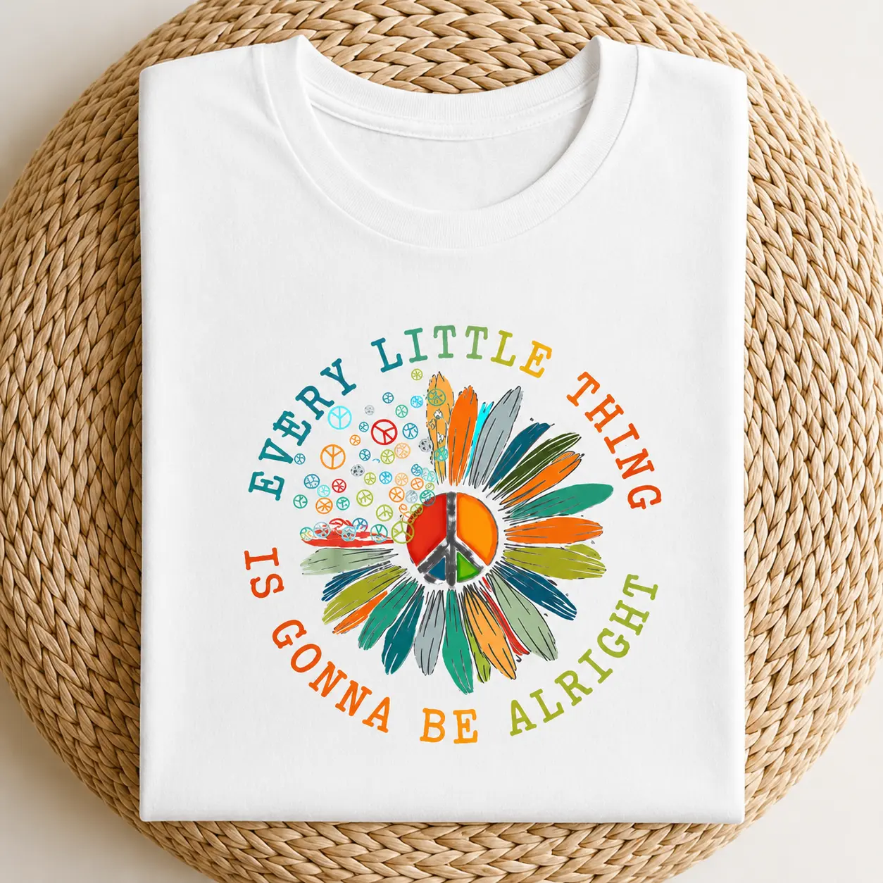 Women’s Retro 70s Hippie T-Shirt Every Little Thing Is Gonna Be Alright Peace Sign Daisy Graphic Tee Colorful Printed Short Sleeve Shirt