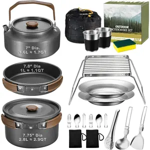 Camping Cookware Mess Kit, Nonstick Camp Cooking Utensil Set (Pot, Pan, Kettle, Grill Grate), Outdoor Backpacking Gear Open Fire Accessories, Compact/Portable/Lightweight