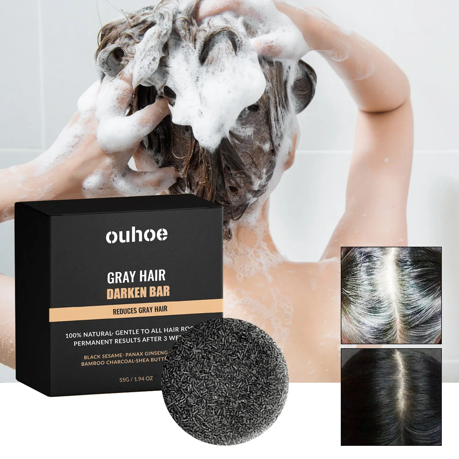 Gray Hair Reverse Shampoo Bar, OUHOE Black Hair Soap for Men & Women, Gradual DarkeningBar for Hair & Beard with Ginseng Charcoal Shea Butter Glycerin, Deep Clean Nourish Scalp,Travel-Friendly 55g