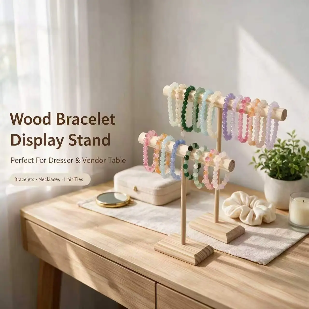 Double Layer Natural Wooden Bracelet Display Stand, Desktop Jewelry Organizer Rack, for Bracelets Necklaces Hair Ties, Vendor Storage Holder