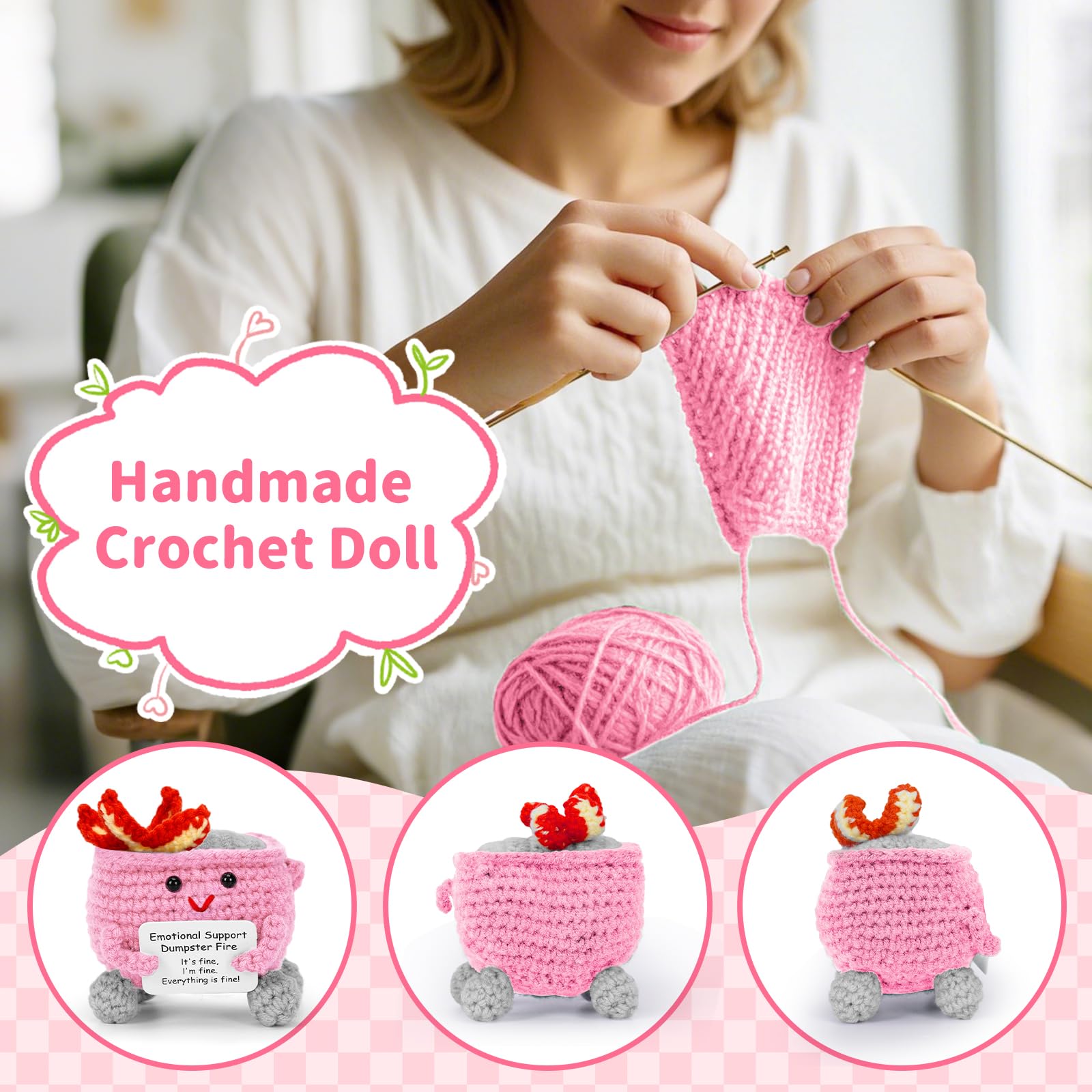Emotional Support Handmade Crochet Dumpster Fire with Positive Card, Cute Room Decor, Funny Knitted Toys Gifts for Friends, Soft Stuffed Doll