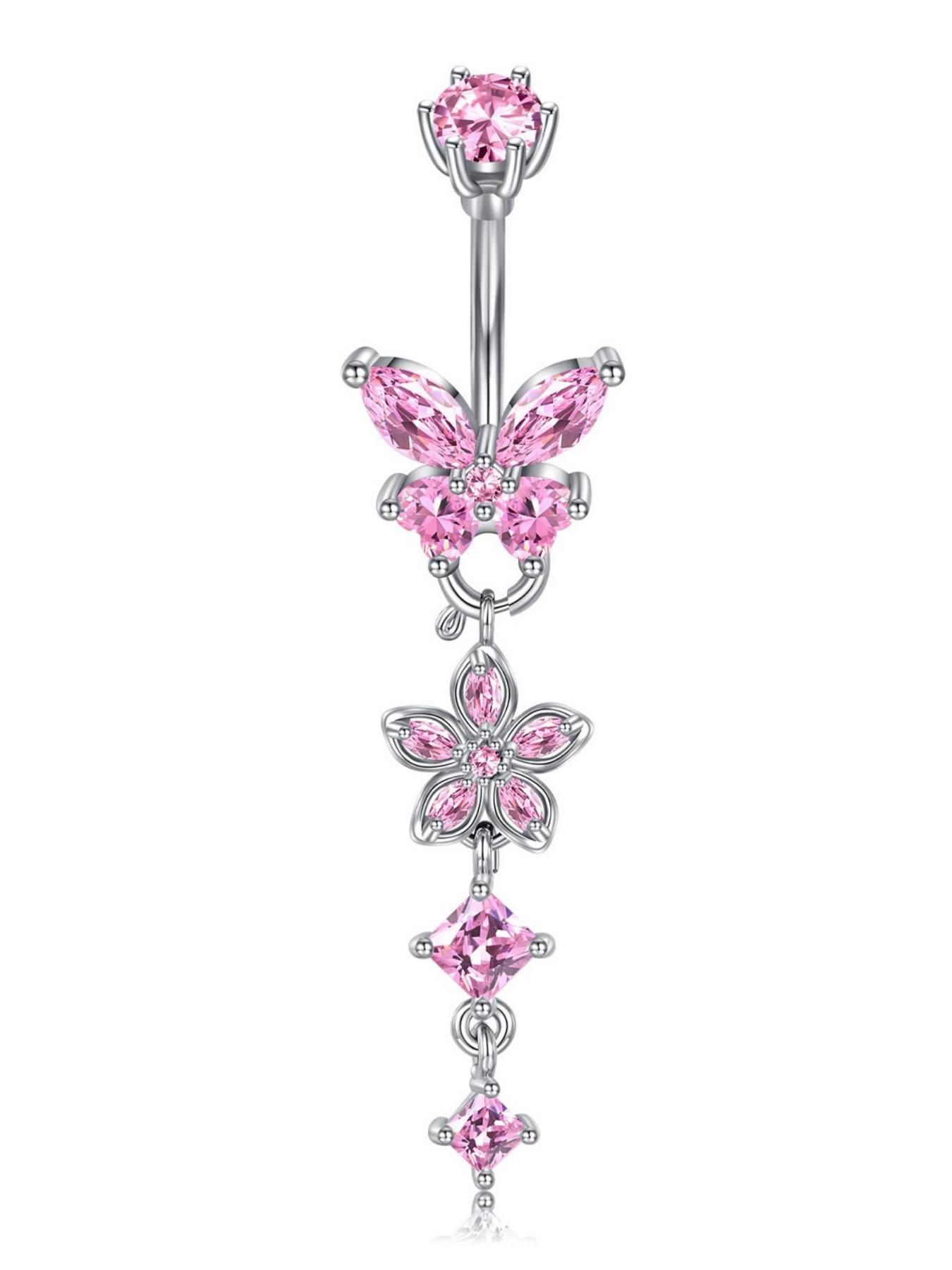 Detachable Flower Dangle Belly Button Ring Cute Butterfly Removable Belly Rings Stainteel Steel Navel Piercing Jewelry For Women, 10mm Silver Pink Purple Blue Belly Button Piercing Body Piercing 14Gauge