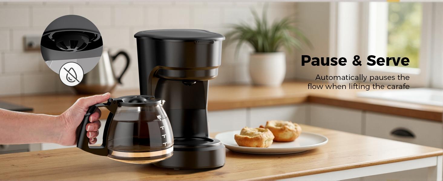 Kismile Compact Drip Coffee Maker 5-Cup Anti-Drip System Timer Removable Funnel Auto Shut-Off Anti-Dry Protection Dishwasher-Safe for Home & Office Black
