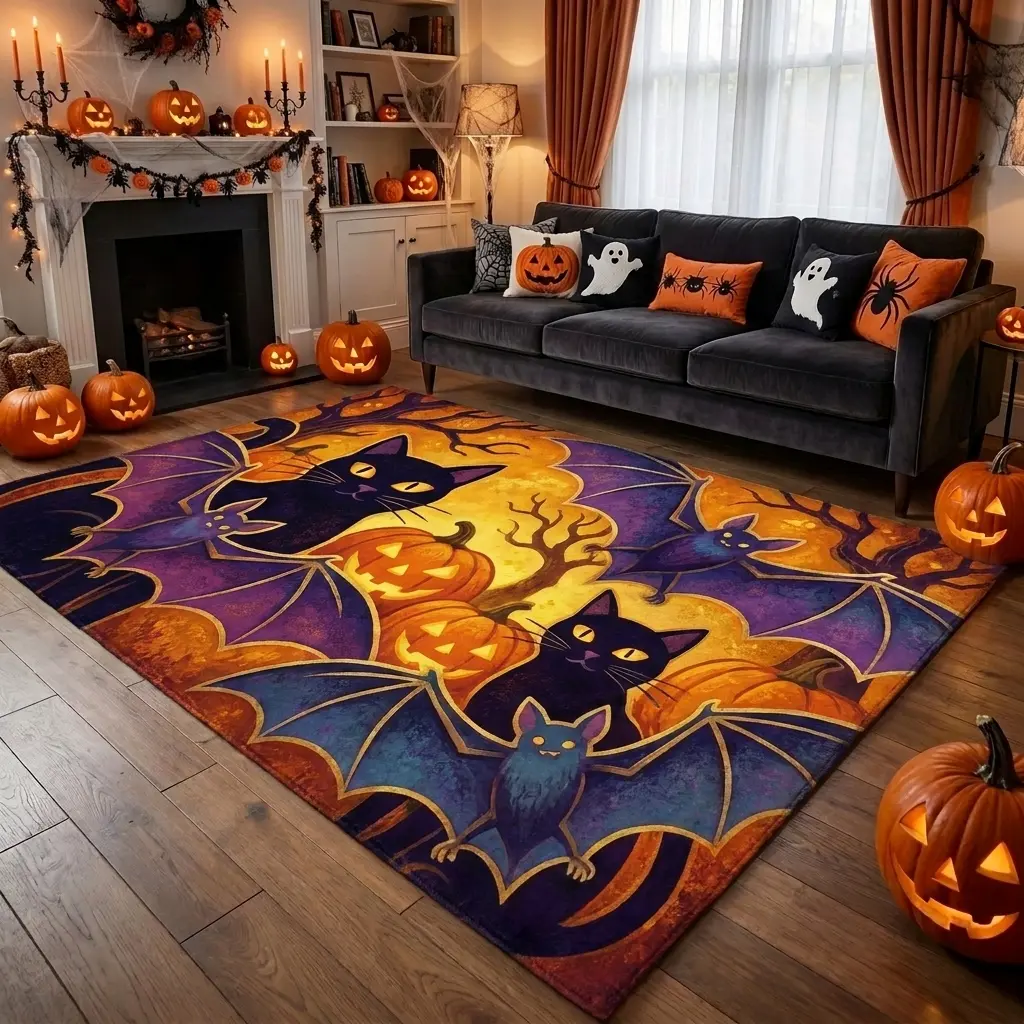 Vintage Halloween 140x200cm (4.59'-6.56') Velvet Fiber Area Rug, Black Cat Jack O' Lantern Bat Haunted House Moon Pattern Non-Slip Carpet, Indoor Decor for Living Room Fireplace