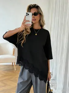 Round Neck Drop Shoulder Short Sleeve T-Shirt, Asymmetrical Lace Trim, Loose Fit Baggy Medium-Length, Conceals Belly, Versatile Top