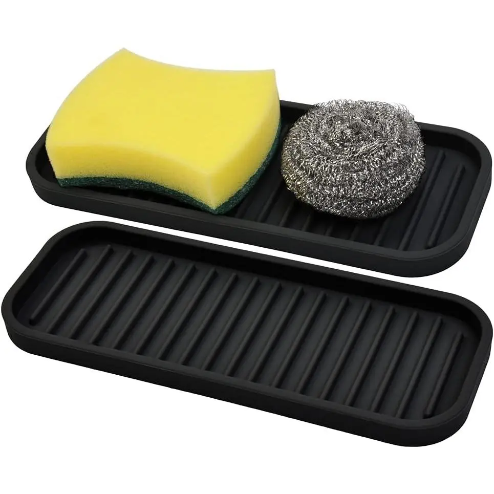 Flexible Silicone Sponge Holder 2-Pack (Black) - Vanity Brush Tool, Kitchen Sink Organizer Tray, Dish Caddy, Soap Dispenser, Scrubber Spoon Holder for Men’s Grooming Beauty Products, Dishwasher Safe