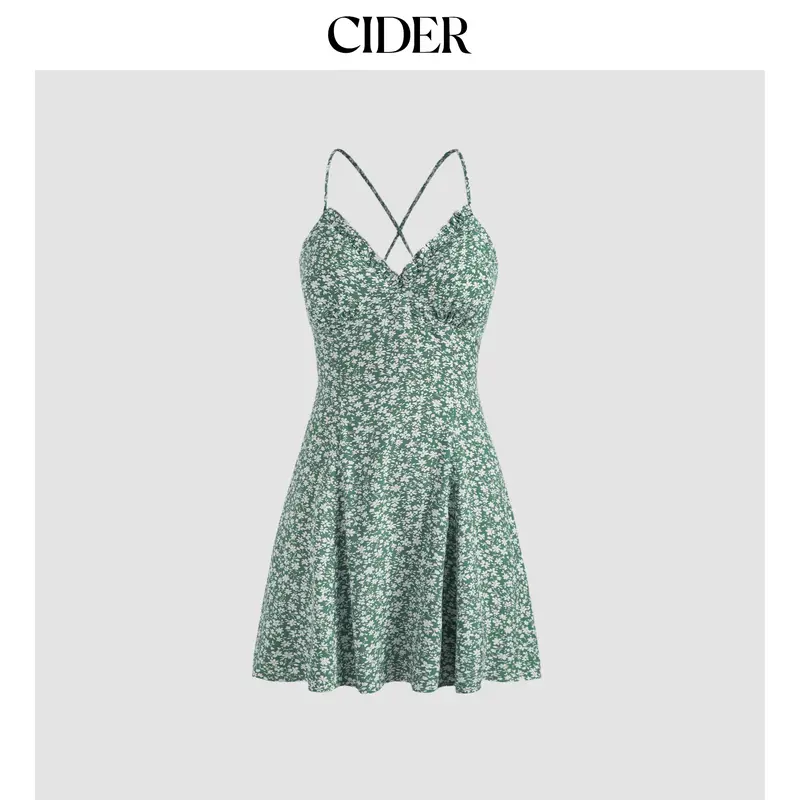 Cider [3 colors, size 2-26] Floral Lace Up Backless Mini Dress