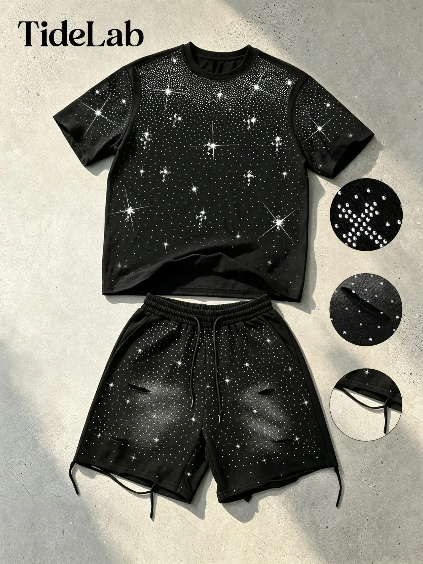 2-Piece Unisex Set, Rhinestone Star Cross Short Sleeve Top + Distressed Drawstring Shorts, Casual Loose-Fit Graphic Suit