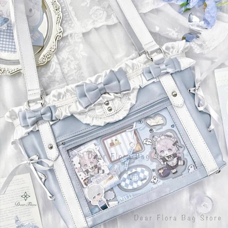 Japanese Sweet Women Ribbon Ita Bag Fashion Large Capacity Tote Bag Aesthetic Shoulder Bag Cute Lolita Girl Transparent Handbags