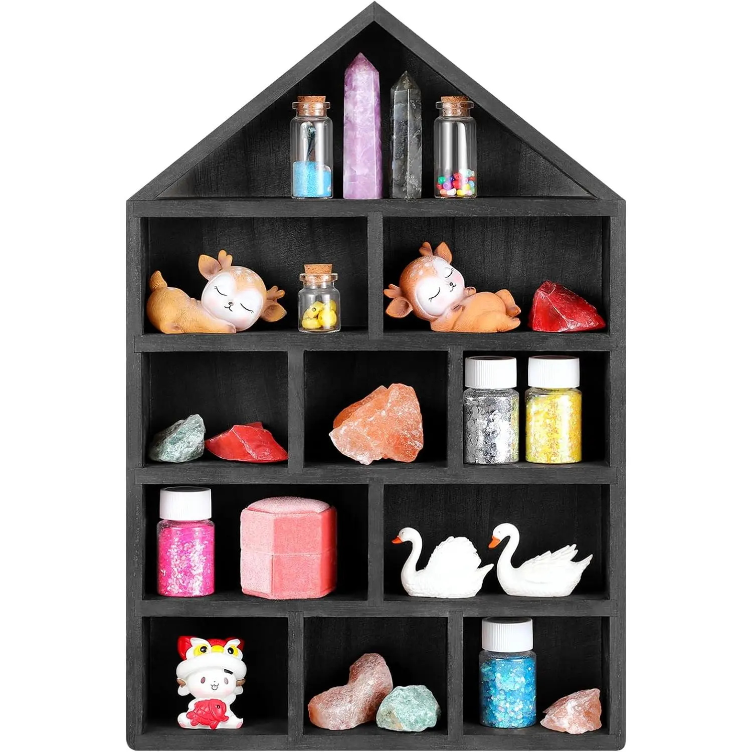 House Shaped Wooden Shadow Cubby Box  Display Shelf Organizer Wall Mounted Curio Cabinet Wooden Display Case Miniature Shelf for Figures(Black,10 x 15 x 2.24 Inch)