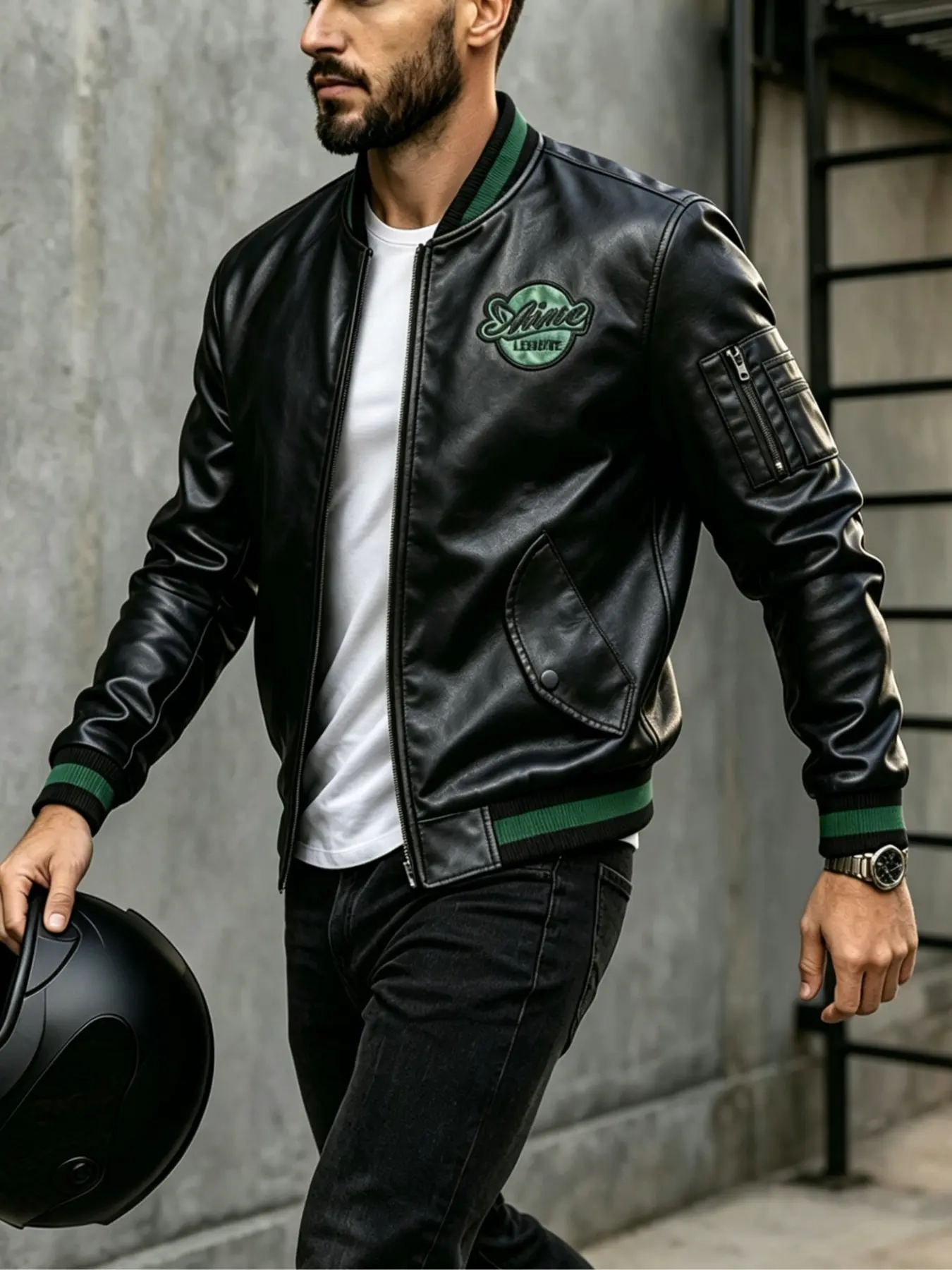 Men's Sporty Pilot Jacket, Embroidered Patch Ribbed Baseball Coat, Motorcycle Riding Outerwear, Fall Winter Street Fashion