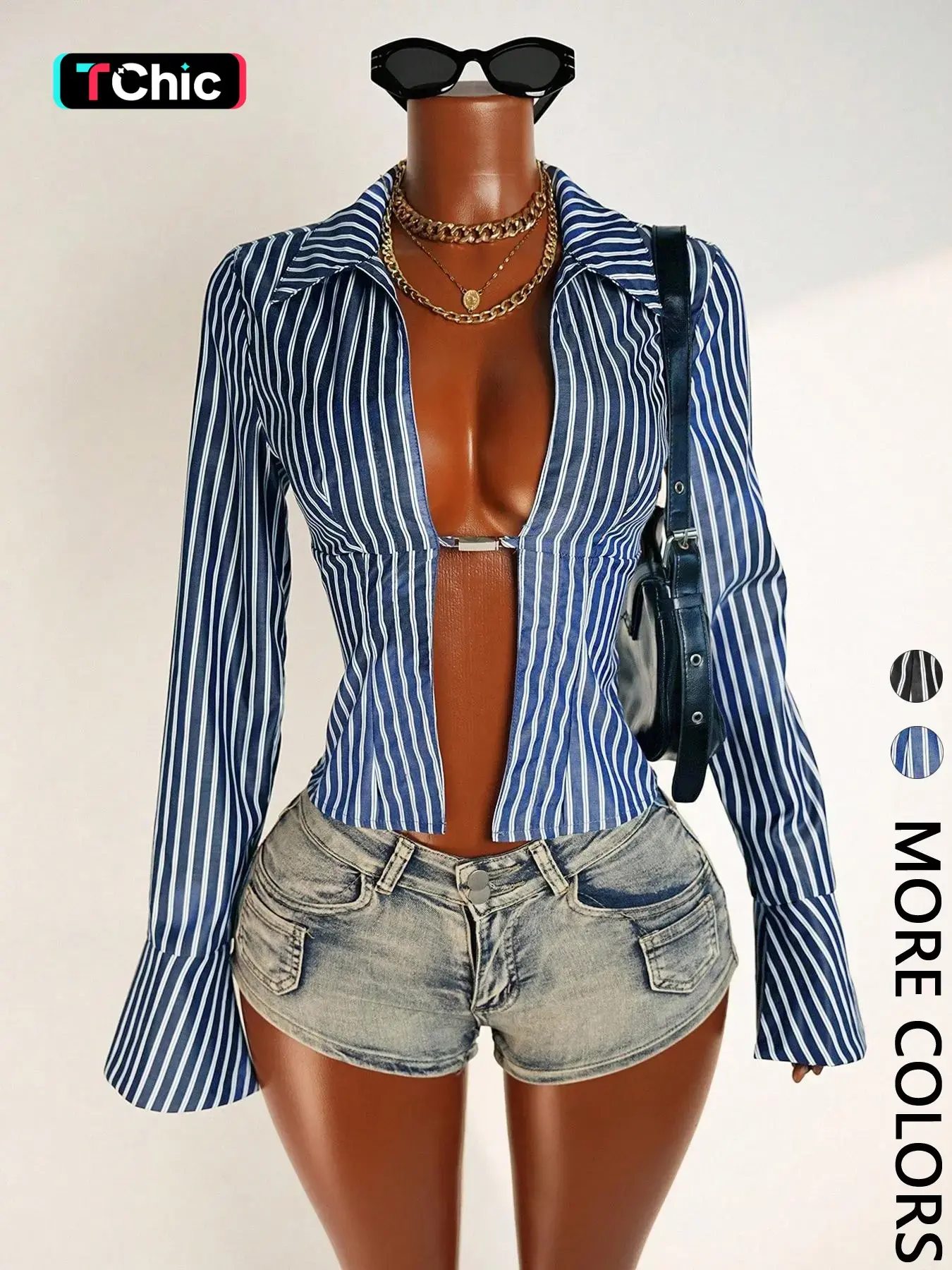 Women's Deep V Neck Striped Woven Fabric Long Sleeve Top, All-Season Wear, Slim Fit, Stylish Casual Blouse for Ladies