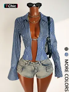 Women's Deep V Neck Striped Woven Long Sleeve All Seasons Blouse Shirt Top, Slim-Fit Body-Conscious Design, Showcases Alluring Figure, Stylish Casual Wear for Women