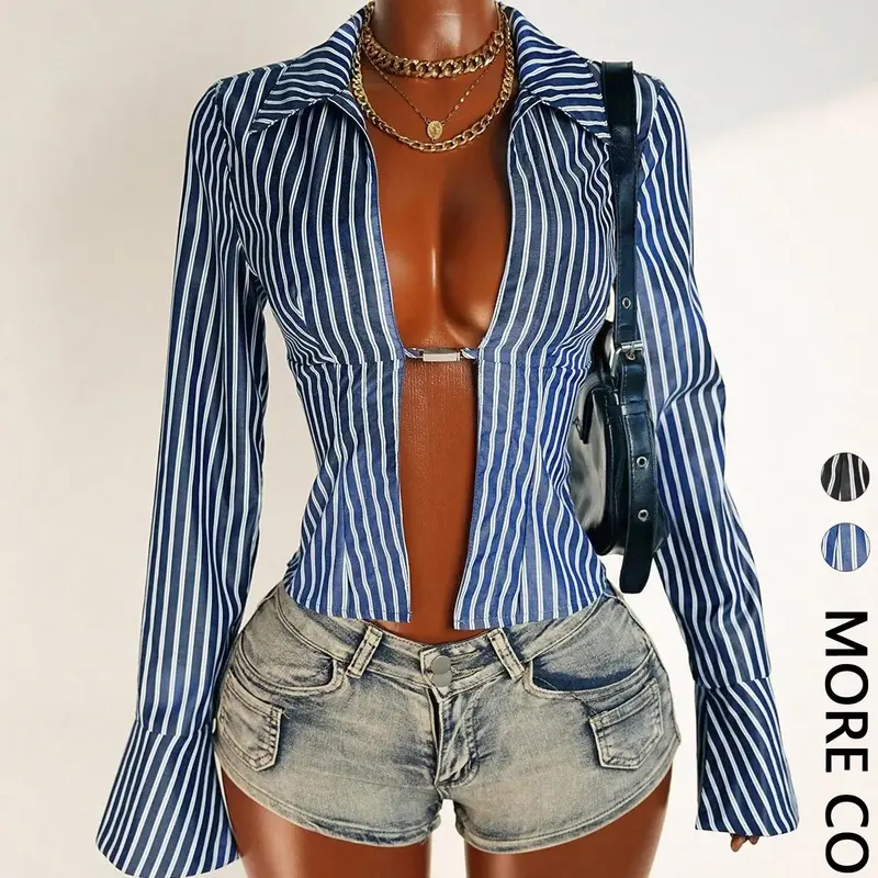 Women's Deep V Neck Striped Long Sleeve Top, V Neck Shirt, All-Season Wear, Slim Fit, Stylish Casual Blouse for Ladies