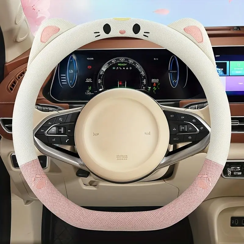 New Cartoon Star Cat Linen Steering Wheel Cover - Universal Fit for Most Models, Wear-Resistant, Durable, Comfortable, Fashionable, Cute, Car Interior Decor Accessory