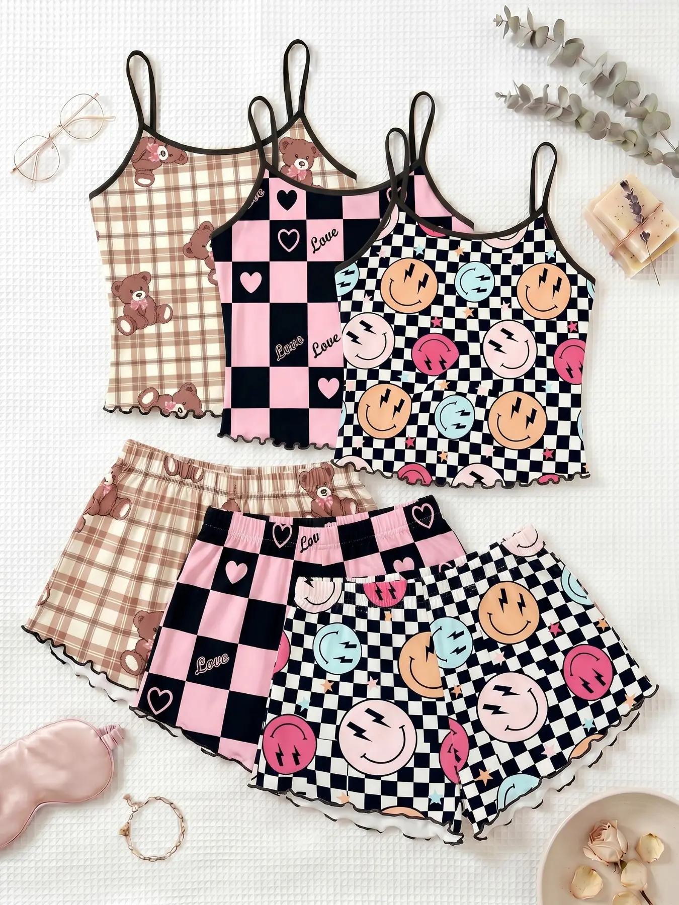 3-Piece Set Women's Pajama Set, Checkered Heart Smiley Print, Sleeveless Top + Shorts, Comfortable Home Wear, Loungewear, All Seasons