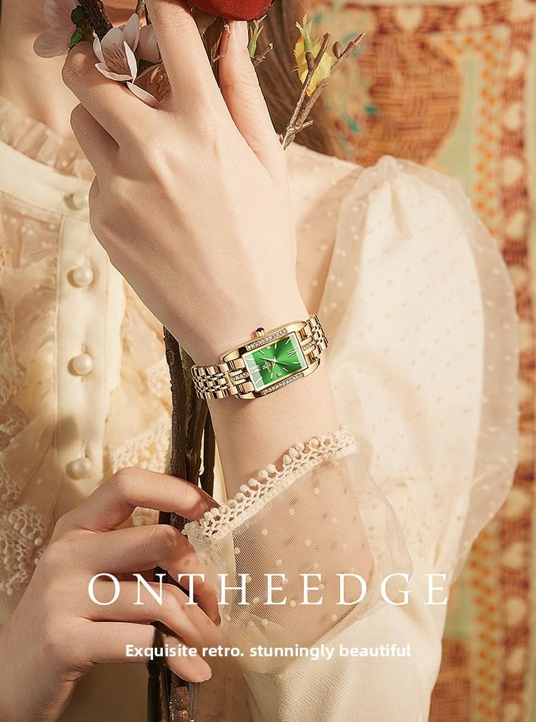 Women's Luxury Gold Rectangle Quartz Watch - Green Dial with Crystal Diamond Accents, Roman Numerals, Stainless Steel Band, Elegant Dress Wristwatch, Perfect Gift for Her
