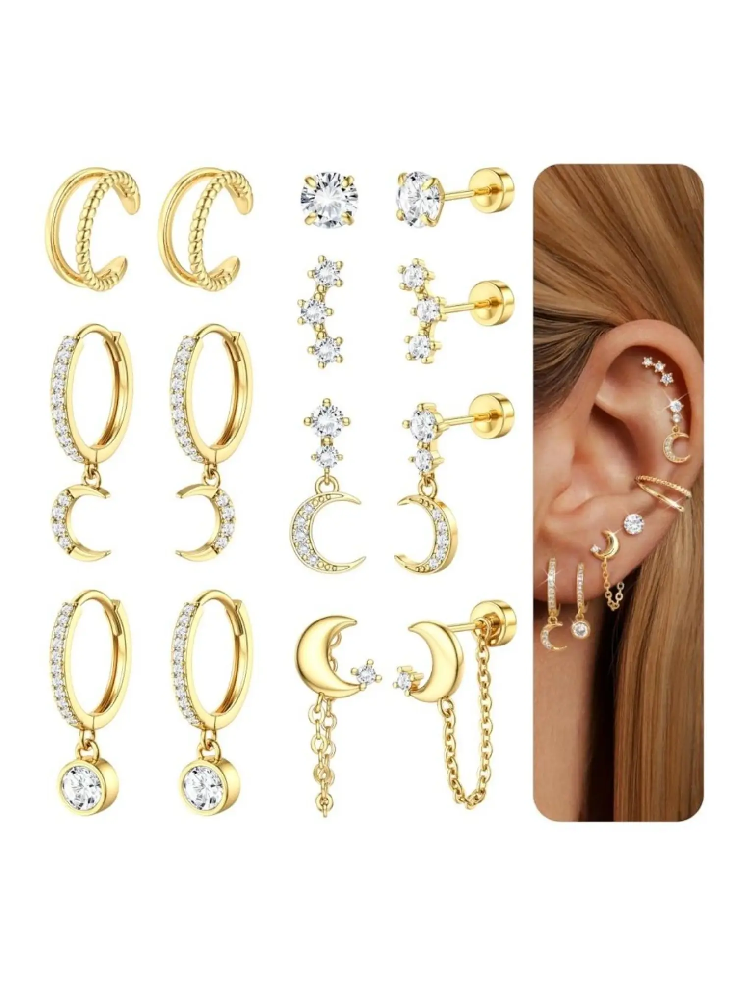 7 Pairs 14K Gold Plated Flat Back Stud & Huggie Hoop Earring Set for Women Girls, Hypoallergenic CZ Cartilage Piercing Jewelry, Dainty Ear Stacking Earrings for Daily Wear, Date Night & Holiday Gift