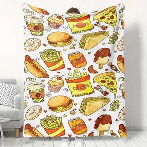 1Pc 1Pcs Fast Food Themed Blanket Suitable For All Seasons, Quilted Flannel Bedspread With Iconic Burger Pizza Print, Soft Skin-Friendly Machine Washable Bedspread For, Gift For Dorm Room Decor