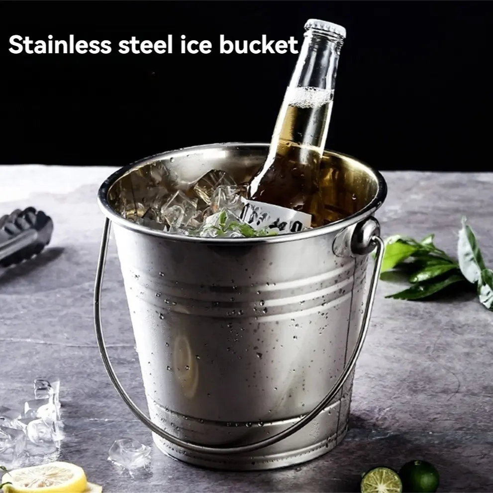 1pc Ice bucket for home use; stainless steel ice bucket for bar, KTV, champagne, beer, red wine; commercial food bucket