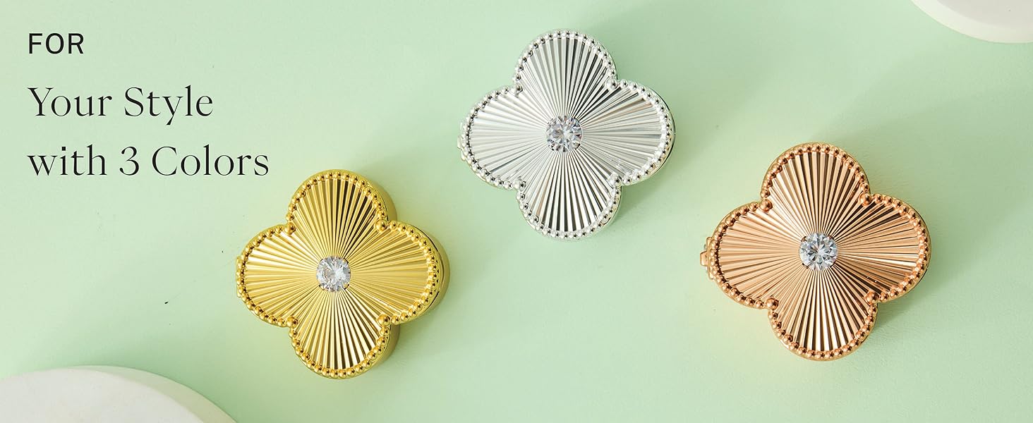 Lucky Charm Luxury Travel Pill Organizer, 5 Compartments, Easy-Open Lock, Mirror, Cute Compact Pill Box for Purse, BPA-Free, Gold, Stylish Vitamin Case & Small Jewelry Storage (Rose Gold)