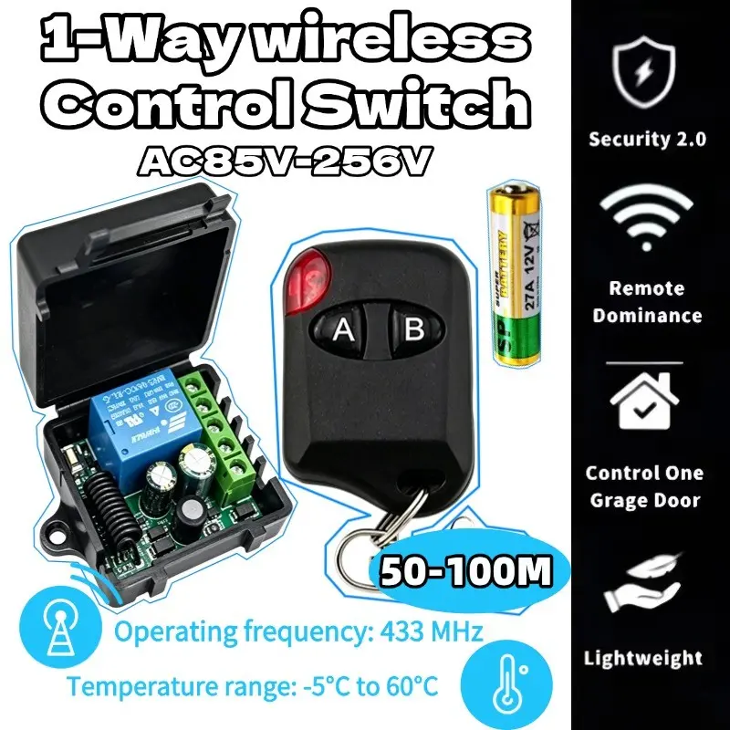 Ac85-256v Wireless Remote Control Switch, 433mhz Single Relay Receiver Module, Dual Button Remote Set, Garage Door Motor Controller
