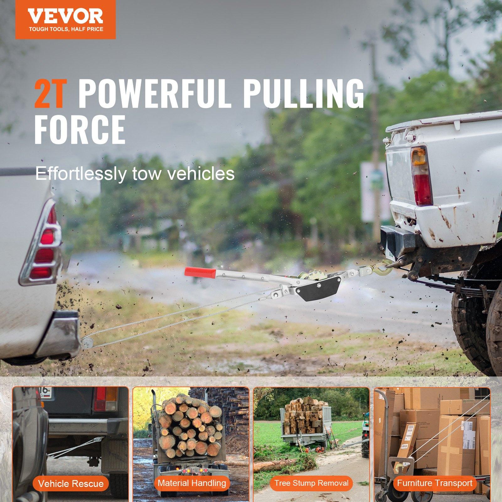 VEVOR Come Along Winch, 2 Ton (4,409 lbs) Pulling Capacity, 12 ft Steel Cable, 2 Hooks, Heavy Duty Ratchet Power Puller Tool with Dual Gears, Automotive Hoist Cable Puller Ideal for Vehicle Rescue