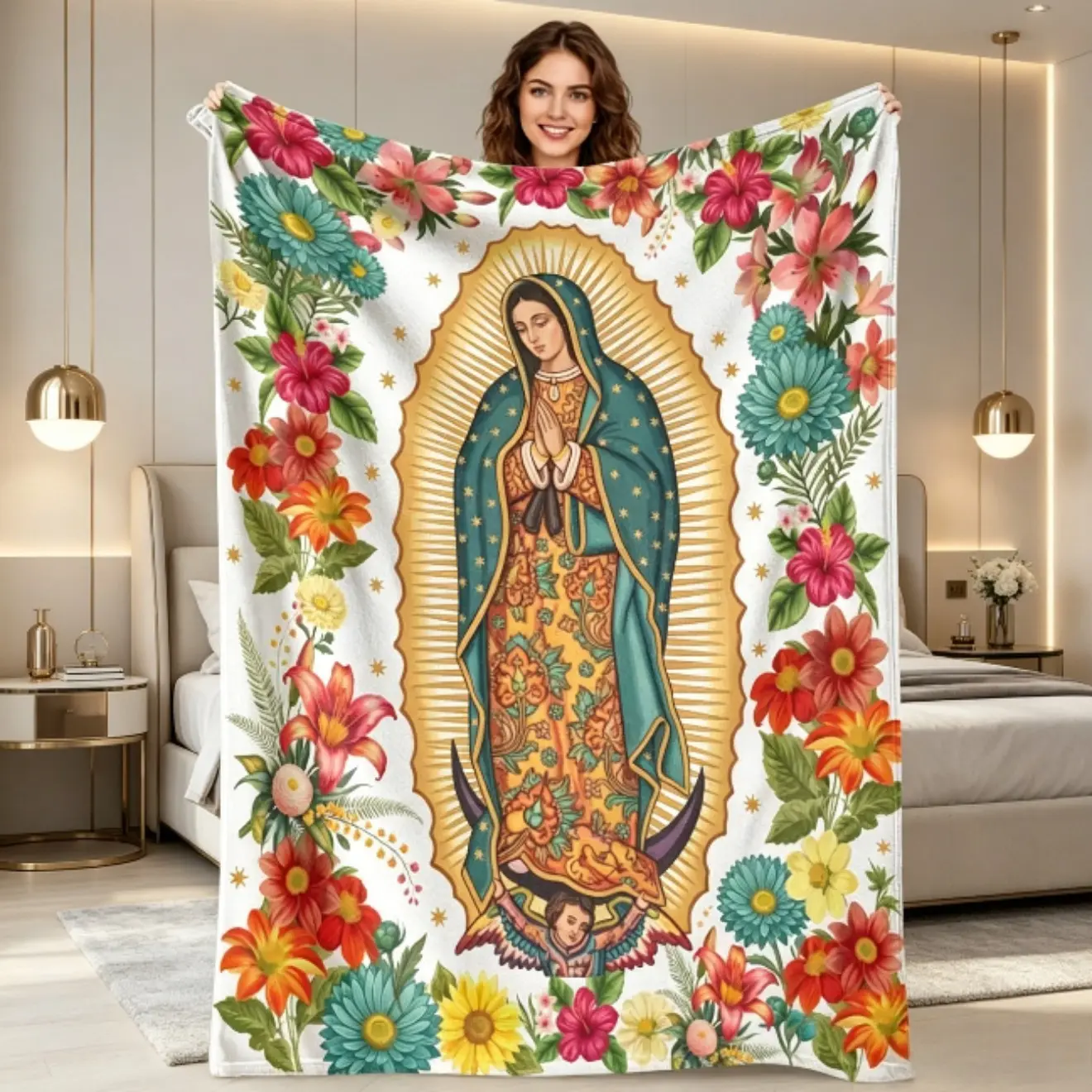 Virgin Mary Floral Print Flannel Blanket, Sacred Art Inspired Religious Throw Blanket for Kids & Adults, Soft Plush Air Conditioning Blanket with Vibrant Floral Pattern, Cozy Lightweight Blanket for Bedroom Living Room Prayer Room, Christian Home Decor