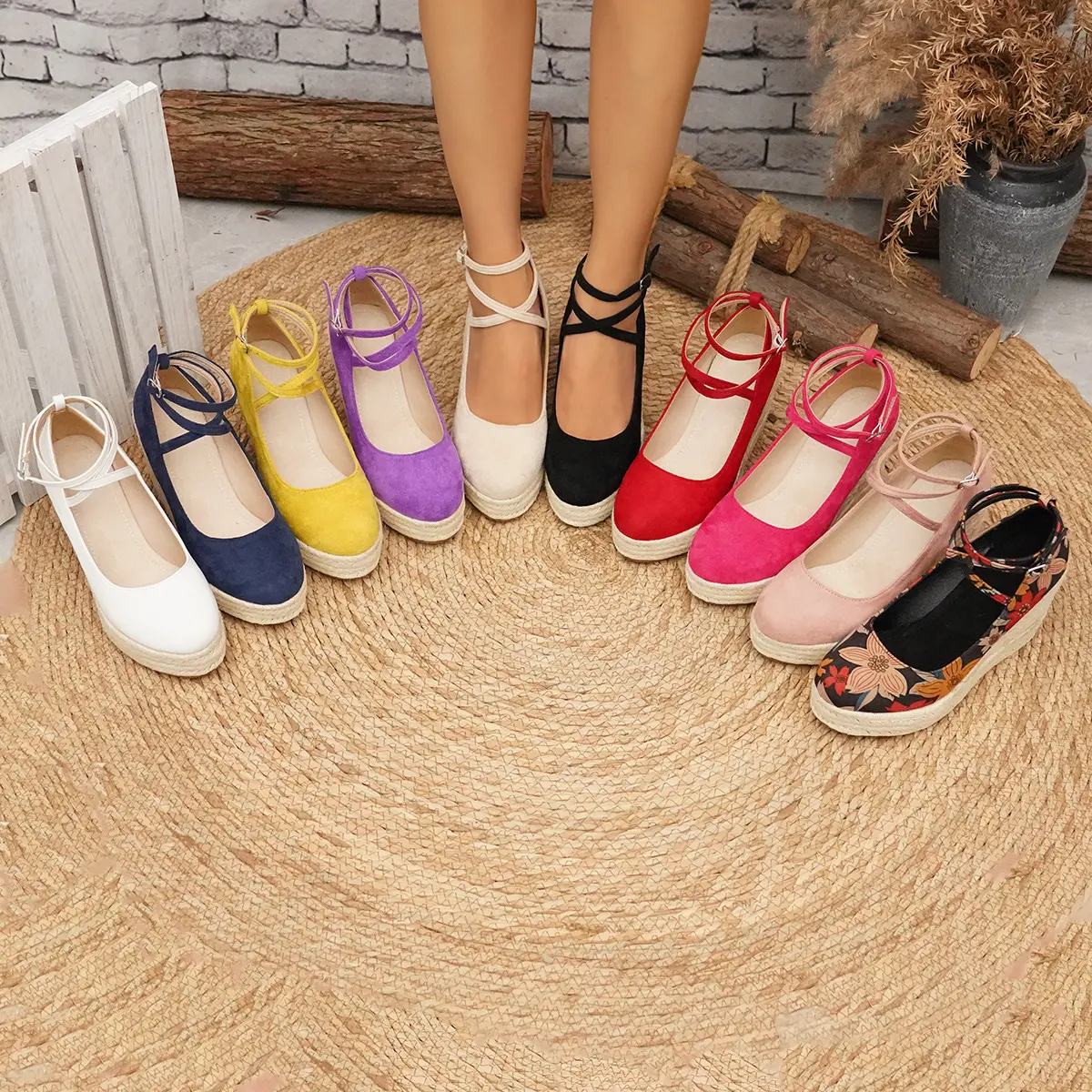 Espadrille Wedges for Women, Minimalist Solid Suede Upper Vacation Heels with an Ankle Strap and Thick Platform Sole for All Seasons