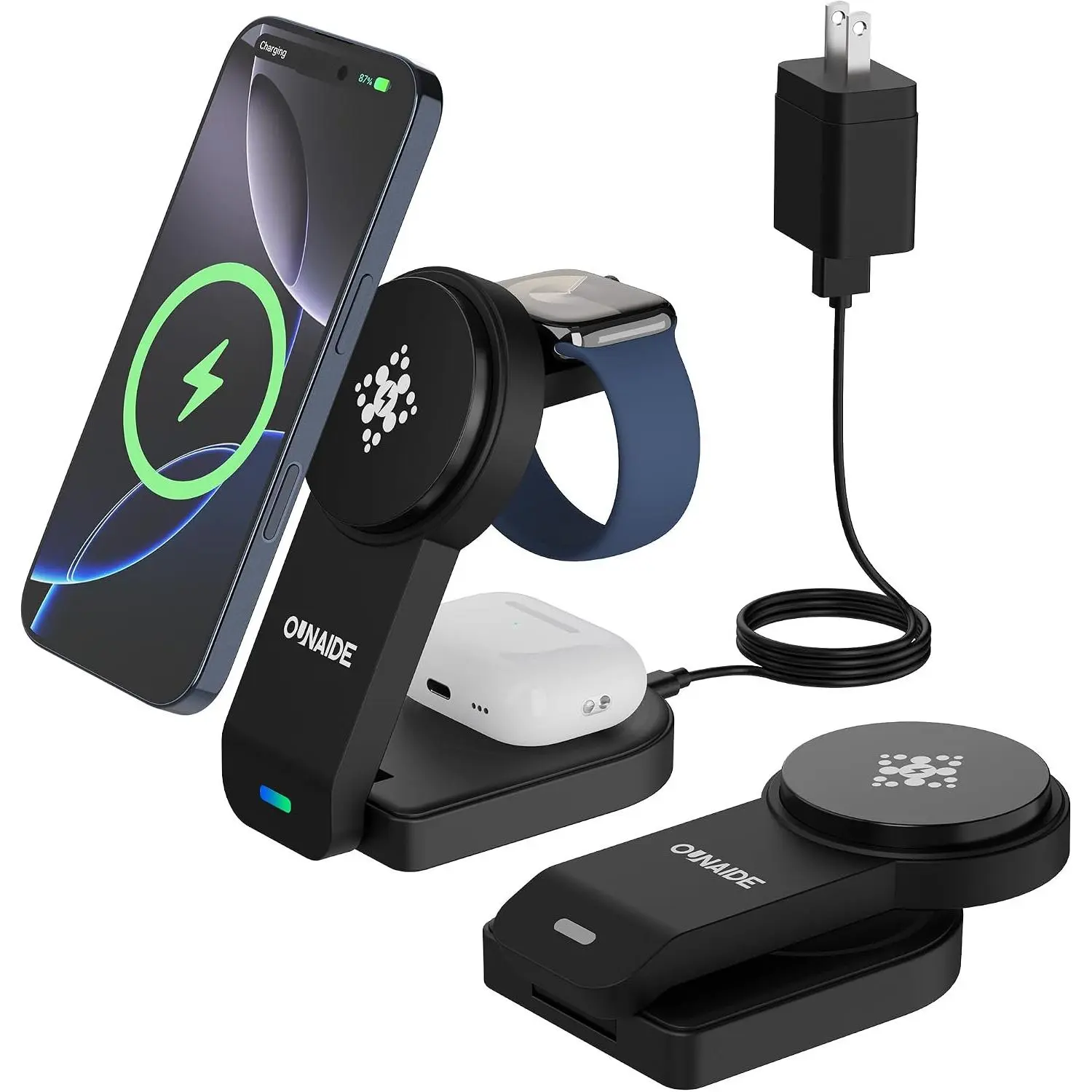 2025  3 in 1  Charger, Mag-safe Charger Stand   Station for   16/15/14/13/12 series, for  Watch and Airpods, 18W Foldable   Dock - Black