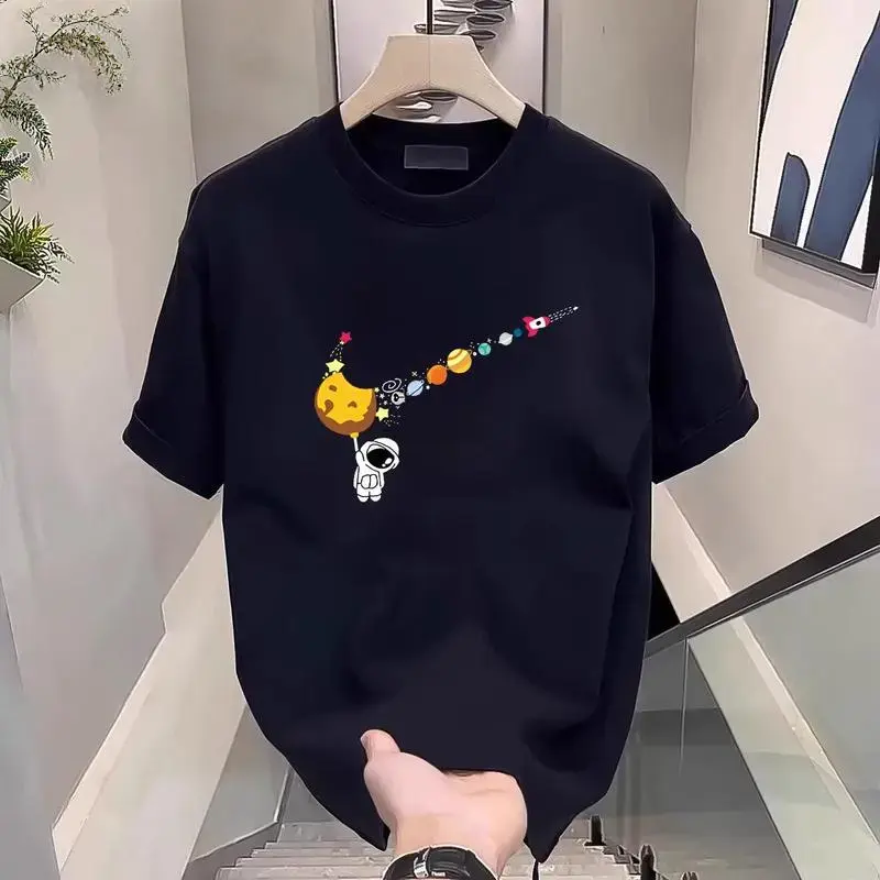 Men's Casual Graphic Tee - High-Quality Menswear Men's Clothing, Space Planet Print, Breathable Comfortable, Machine Washable, Unisex, Perfect for Summer Sports & Outdoor Casual Wear