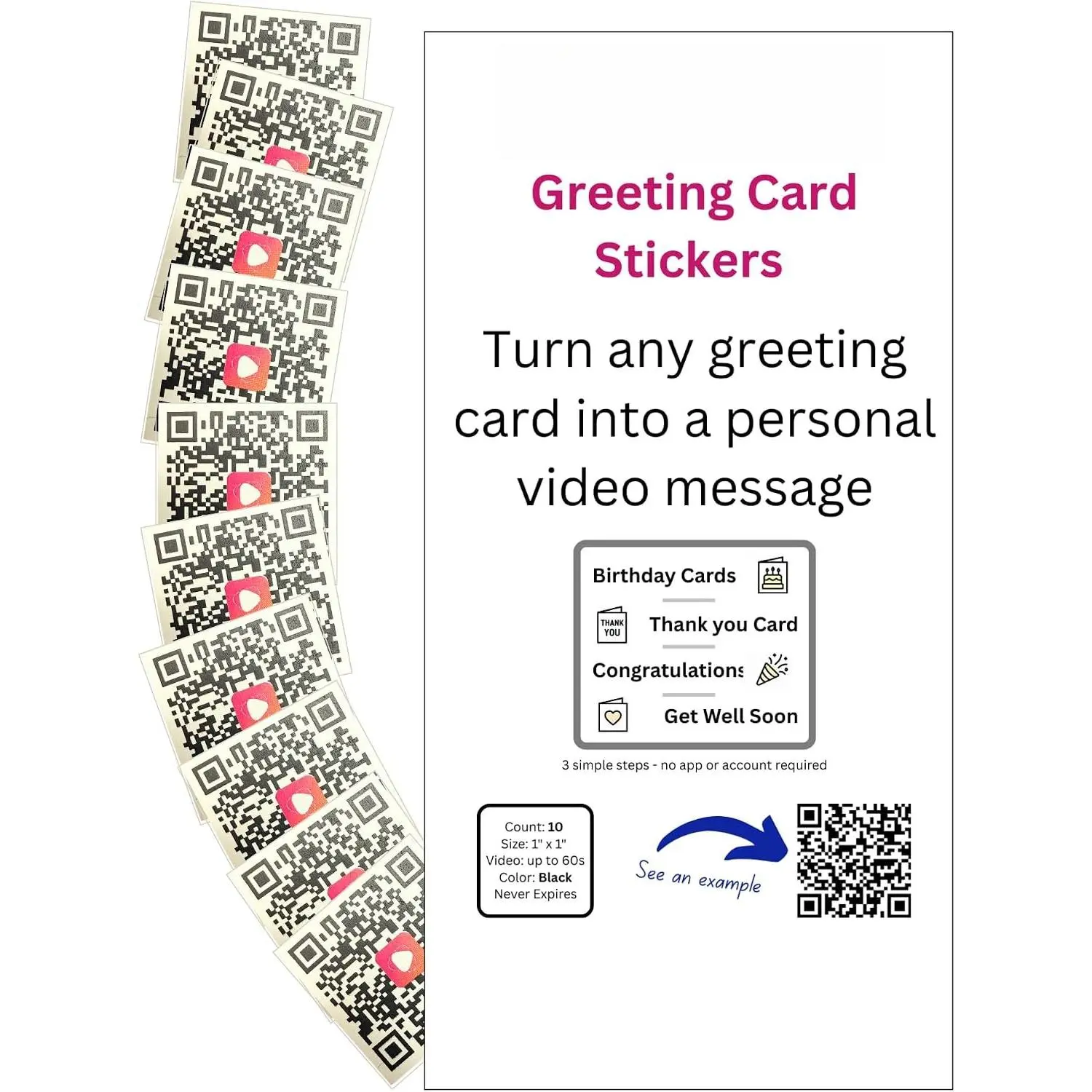 Greeting Card Stickers – Add a Personal  Message to Any Card – 10 QR Code Stickers for Birthday, Thank You, Wedding, and