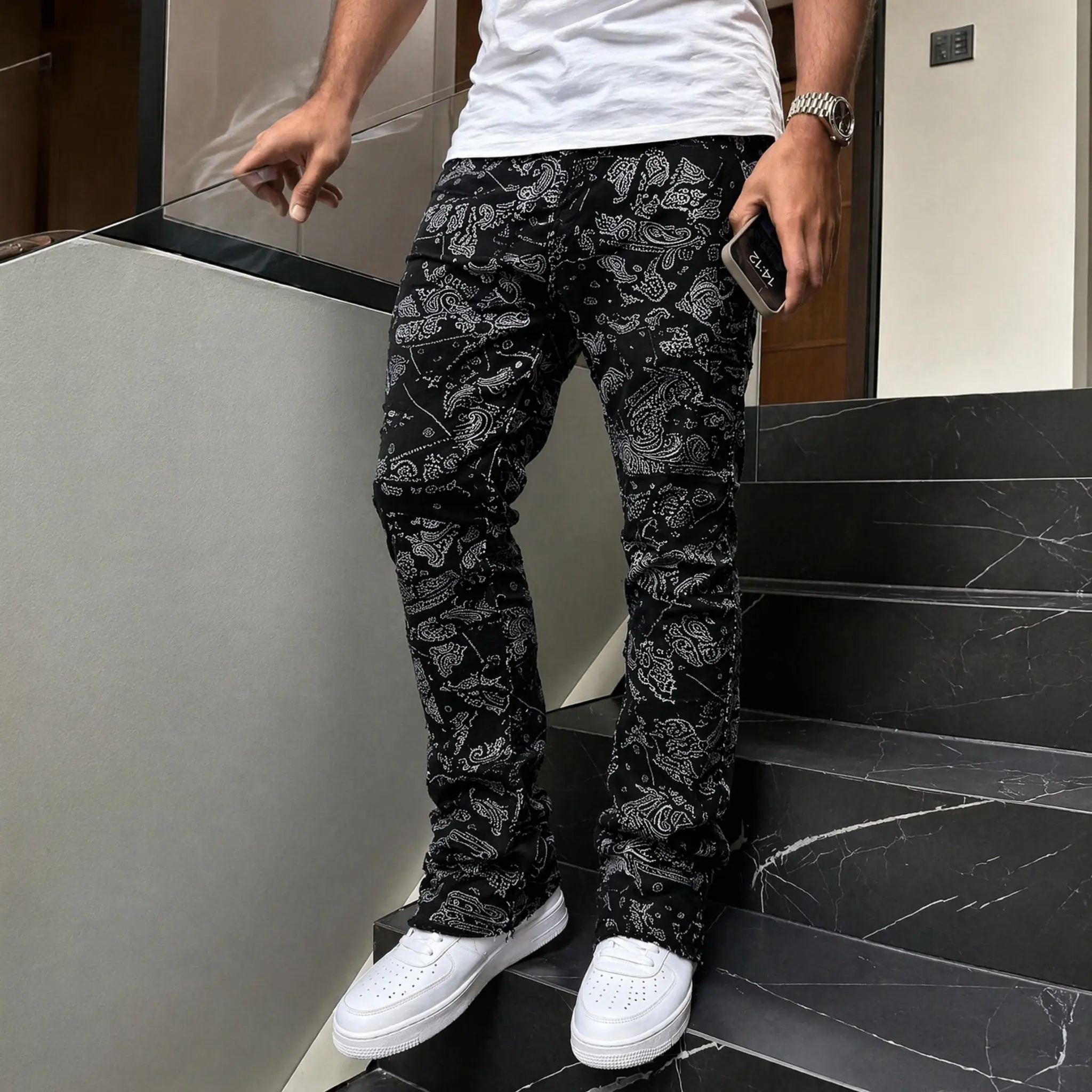 Men's Black Paisley Print Slim-Fit Stacked Denim Jeans,Retro High-Street Bandana Pattern Jeans,Slim Straight Stacked Jean Pants