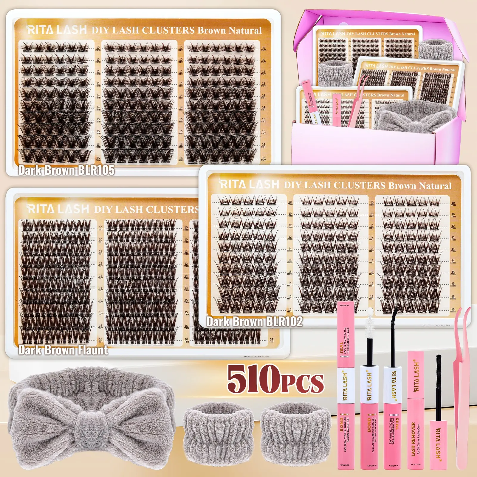 RITALASH 510Pcs Dark Brown Lash Clusters Kit Bulk Packs False Eyelash Extensions D Curl Wispy Individual Fake Eyelashes, Volume Studio Effect, Colorfued Individual Lashes, Large Pack with Bond&Seal|Tweezers|Remover|Washset (BLR105-Flaunt-BLR102)