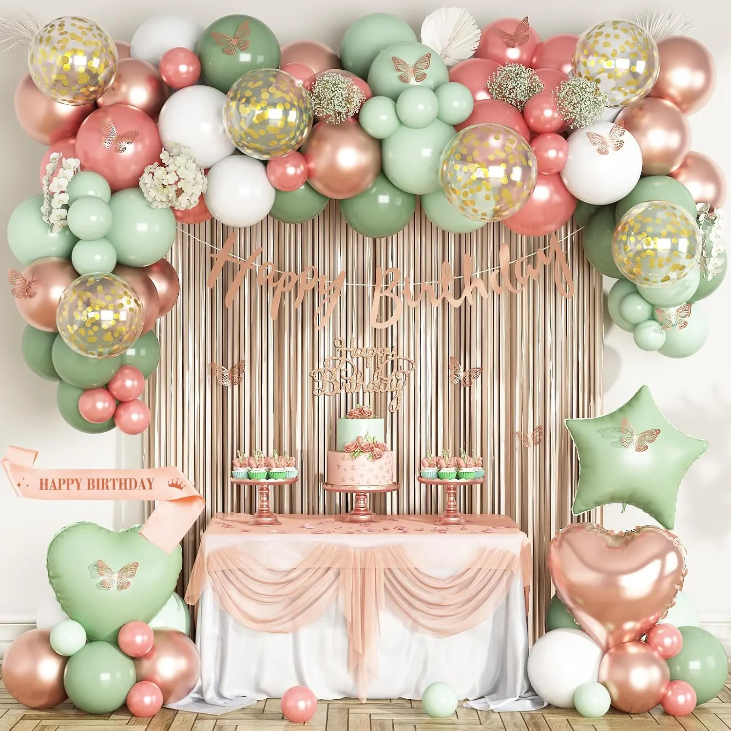 Sage Green and Rose  Birthday Party Decorations for Women Girls,  Shower Party Supplies, with Happy Birthday Banner, Foil Balloons, Sash, Fringe Curtain, Cake Topper, Butterfly