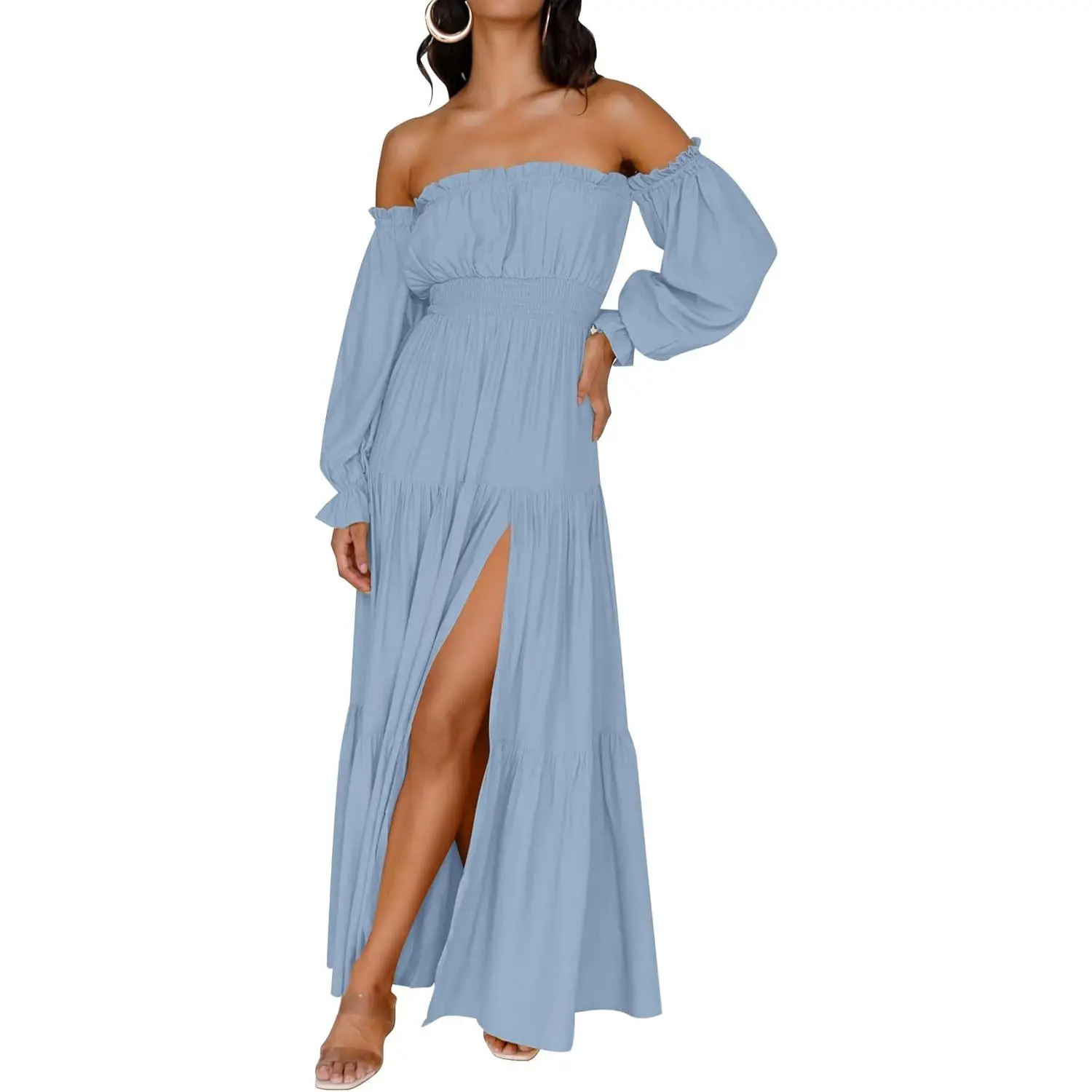 Fall Long Sleeve Boho Off Shoulder Maxi Dresses |   Sexy Side Split, Flowy A Line, High Waist, Trendy Long Dress, Wedding Guest Dress, Maternity Dress