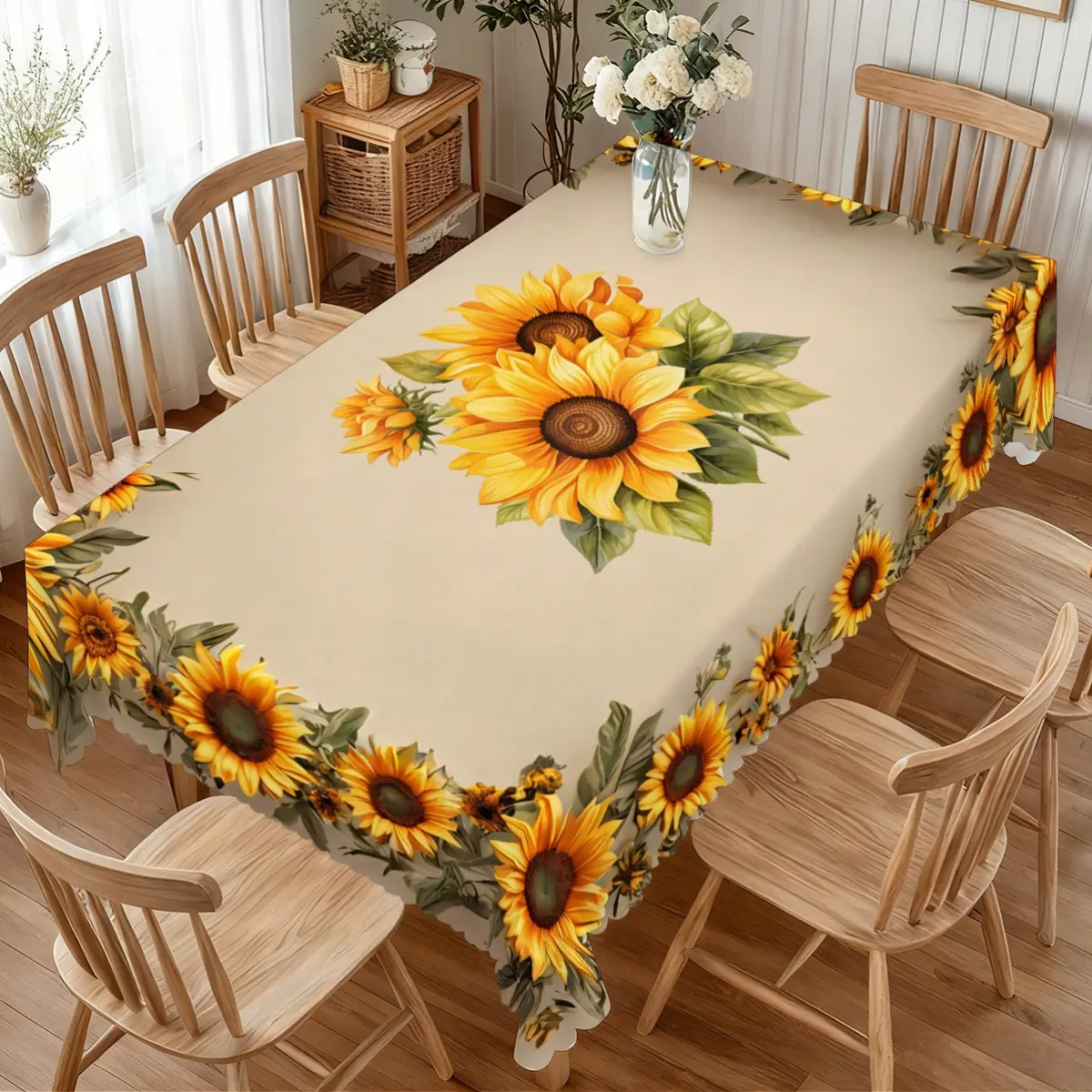1pc Elegant Spring Summer Yellow Sunflower Print Tablecloth, Lace Edge Design, Polyester Material, Machine Washable, Suitable for Home Outdoor Holiday Decoration, Multiple Sizes Available