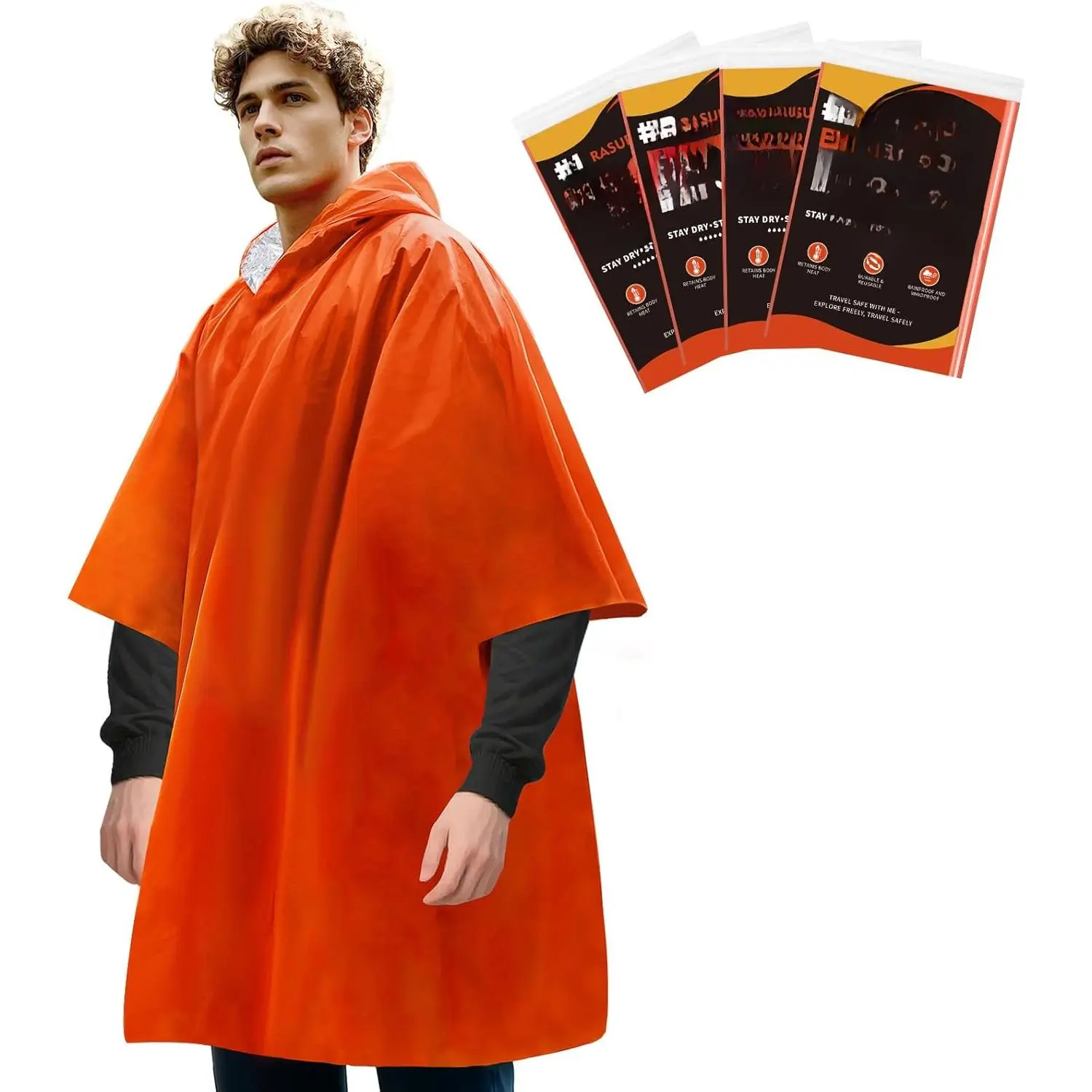 4 Pack Emergency Ponchos with Thickened Mylar Blanket Lining, Windproof, Waterproof, and Thermal Orange Survival Ponchos - Perfect  Outdoor Rescue, Family Camping Gear, Car Emergency Kits