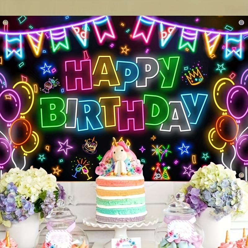 1pc Black Light Durable Polyester Neno Glow-in-the-Dark Birthday Party Backdrop - Vibrant Neon "Happy Birthday" Sign with Balloons, Candles & Confetti, Banner for Indoor Celebrations & Photo Ops, Festive Room