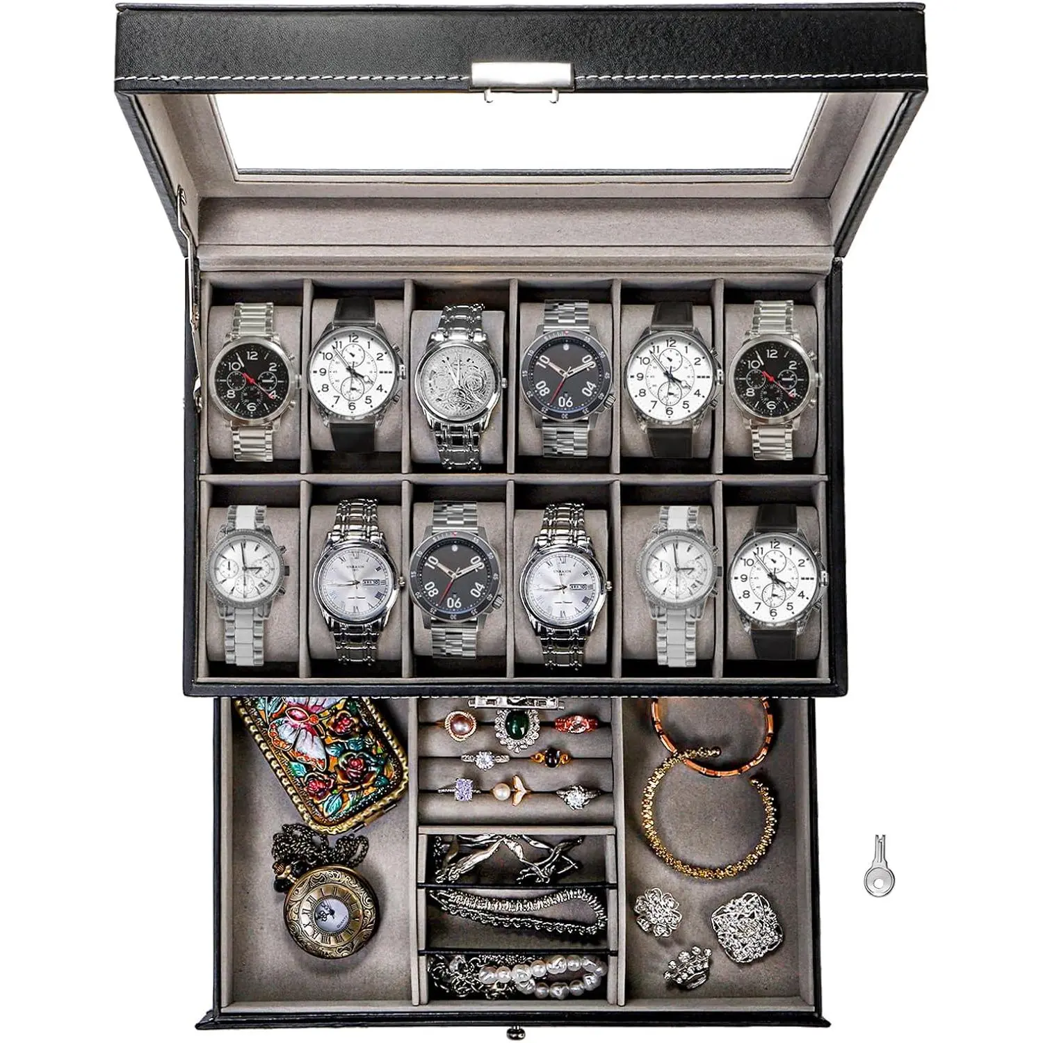 12 Slot Watch Box Case Lockable with Glass Lid, 2 Layers Watch Holder Organizer Display with 1 Drawer for Rings and Bracelets, Gifts For Boyfriend Fathers Day Birthday (Black)