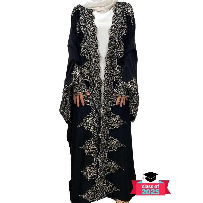 Women's Embroidery Batwing Sleeve Open Front Abaya, Modest Casual Long Sleeve Outerwear for Daily Wear, Ladies Islamic Clothing for Spring & Fall