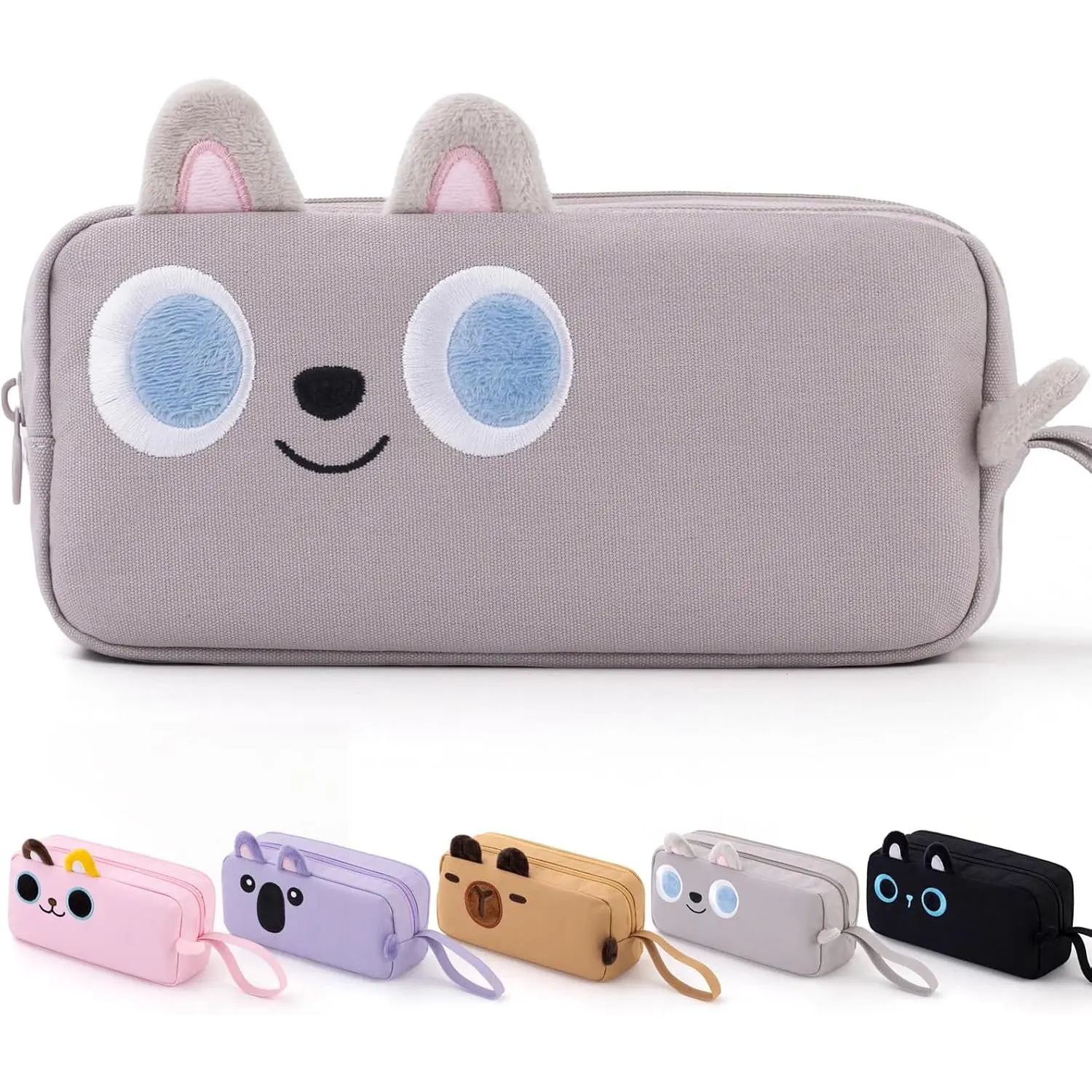 Embroidery Design Cartoon Pencil Case - Modern Office Stationery, 1.55L Large Capacity Pen Pouch with Striped Liner, School Supplies Bag for Teens Students (Gray)