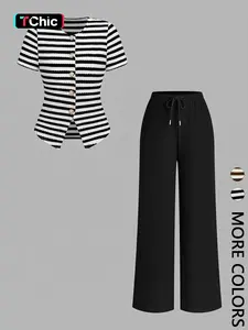 2 Piece Women Crew Neck Striped Single Breasted Waist-Cinched Top & Elastic Waist Wide Leg Pants Set, Casual Chic Everyday Versatile Commuter Set, Fit