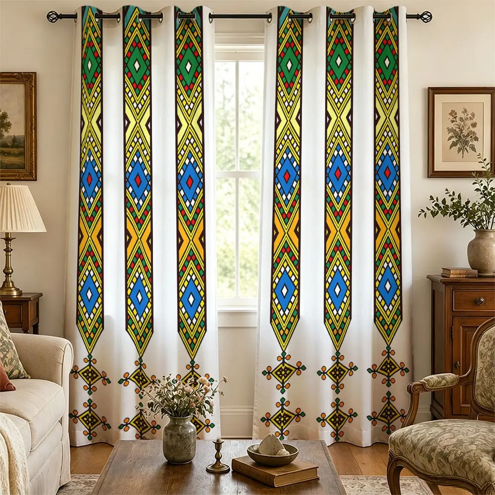 2 Panels Bright Multicolor African Tribal Geometric Diamond Blackout Window Curtains, Vintage Ethnic Boho Striped Print Sunshade Drapes for Living Room Bedroom Farmhouse Home Decor