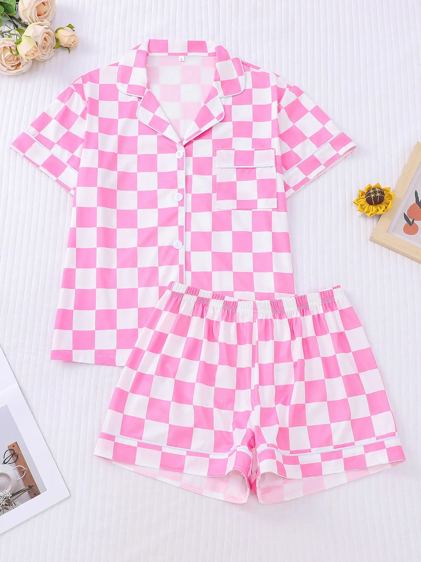 Women's 2-piece pajama set, Lounge Pjs Set, with pink and white checkered print, girly style with white contrast piping, lapel short sleeve top with chest pocket, elastic waist shorts, soft comfy fabric for all-season casual home loungewear