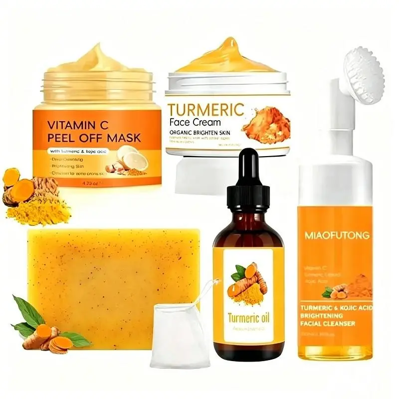 Turmeric 6-Piece Skincare Set  – Including Soap & Cleansing Pad & Mousse Cleanser & Oil & Vitamin C Peel Off Mask & Soap Bag.A complete cleansing and skincare kit
