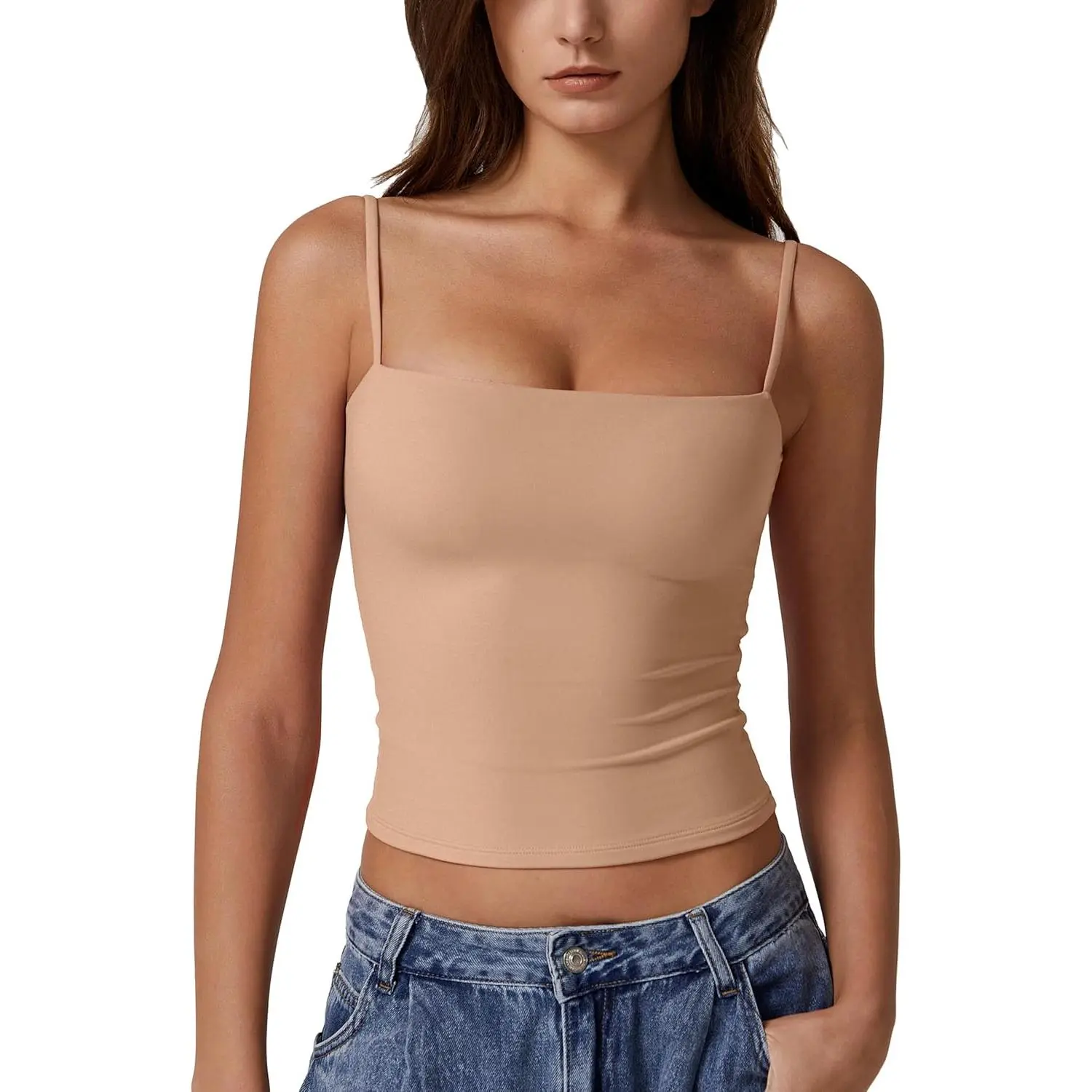 Women's Double Lined Basic Tank Top Adjustable Spaghetti Straps Sleeveless Camisole Shirts