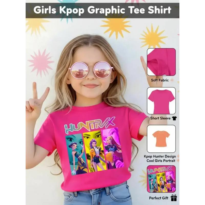 Kpop Hunter Girl Group Cool Girls Portrait Print Short Sleeve Funny Graphic Tee, Comfortable Soft Fabric, Casual Sportswear for Girls, Perfect Gift